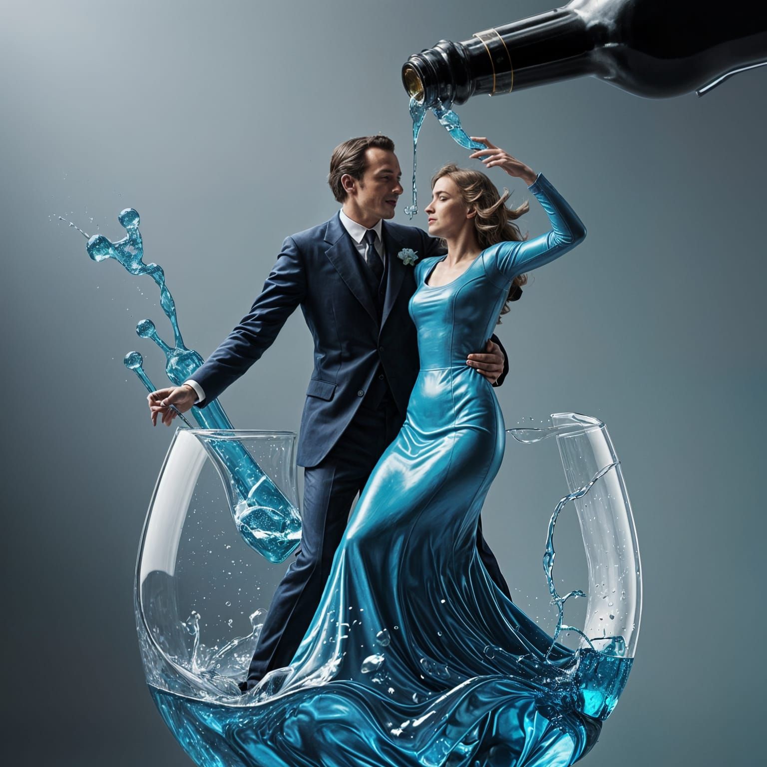 Blue Soda Forms Dancing Couple As Poured From Bottle