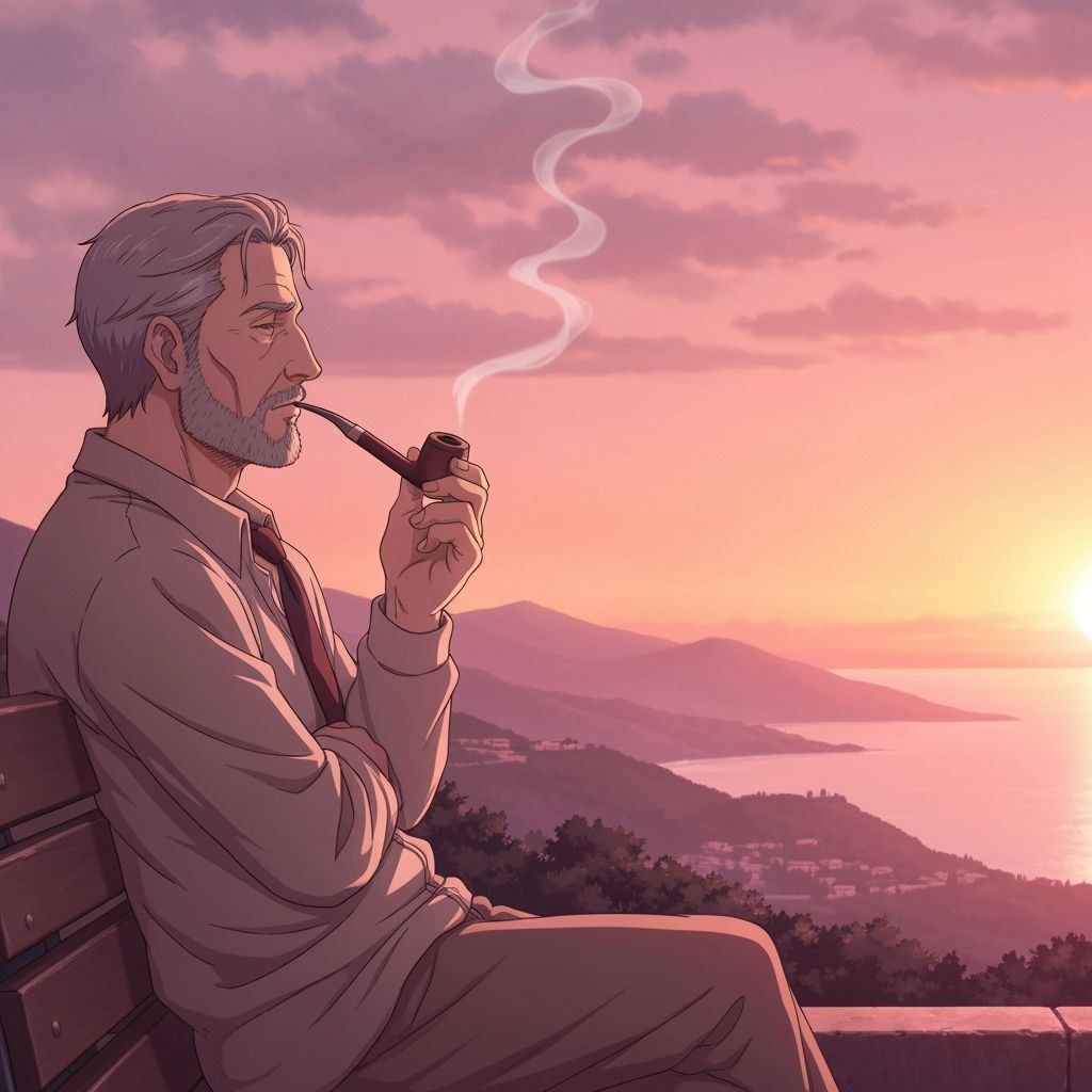 Italian Man Gazing at Sunset Hills and Sea in Studio Ghibli ...