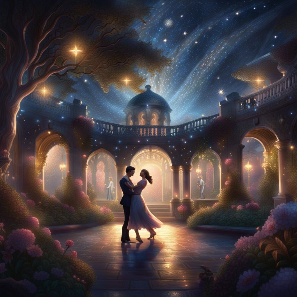 Romantic Waltz in a Starry Garden, Hyperdetailed Art