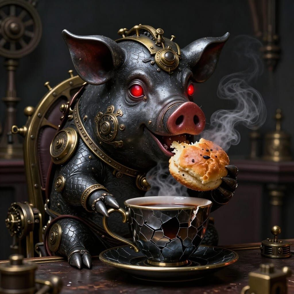 Steampunk Pig Character with Coffee and Scone