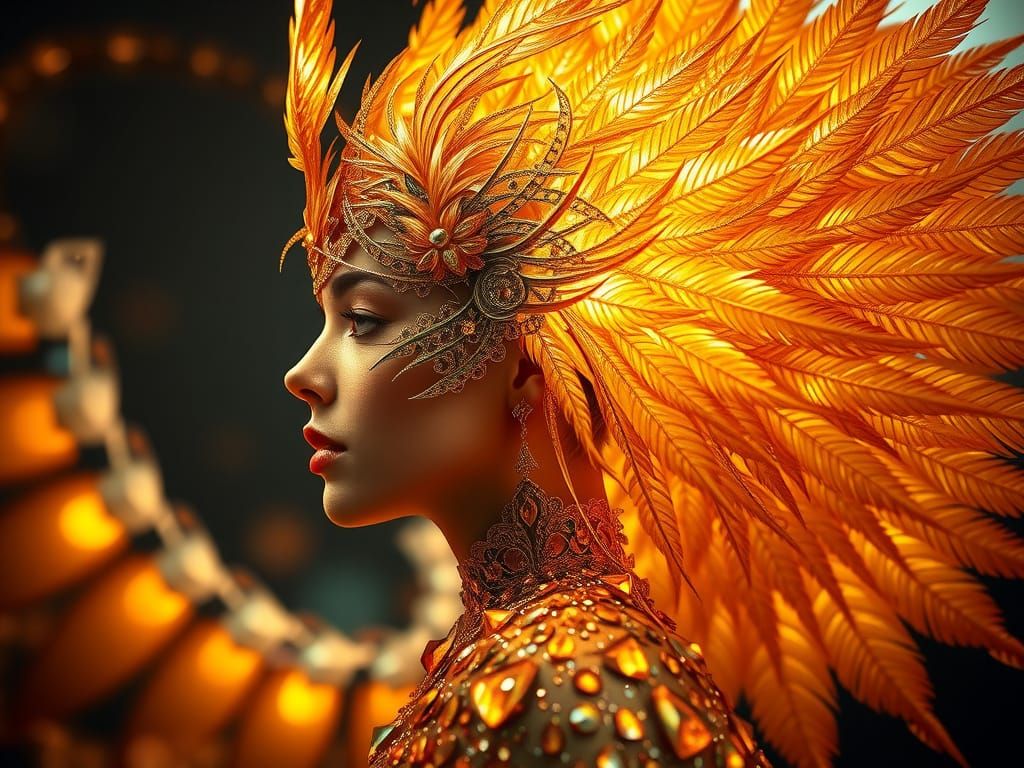 Hyperrealistic Portrait of a Firebird Girl in a Chaotic Diam...