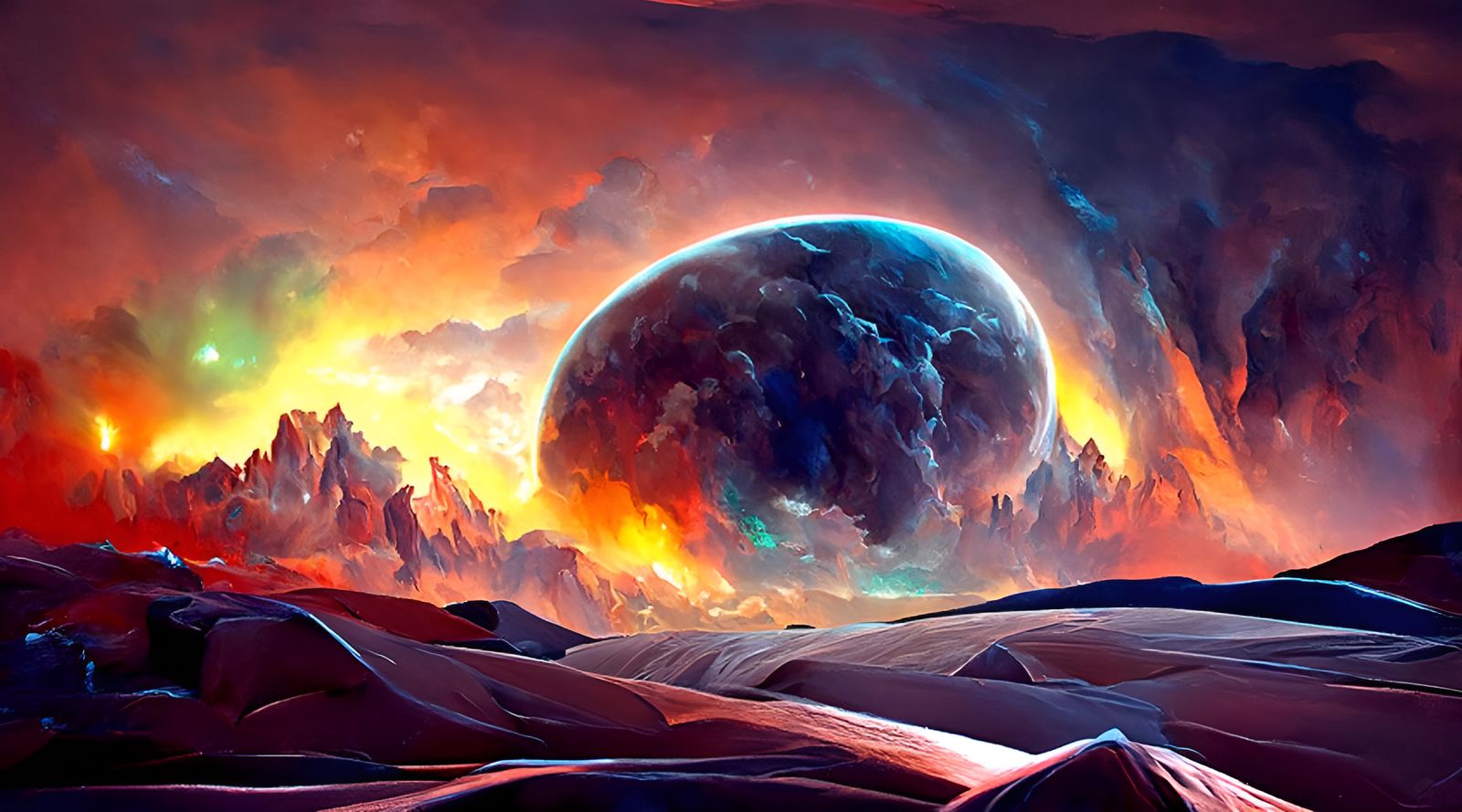 Aurora Borealis Over Desert Landscape Painting