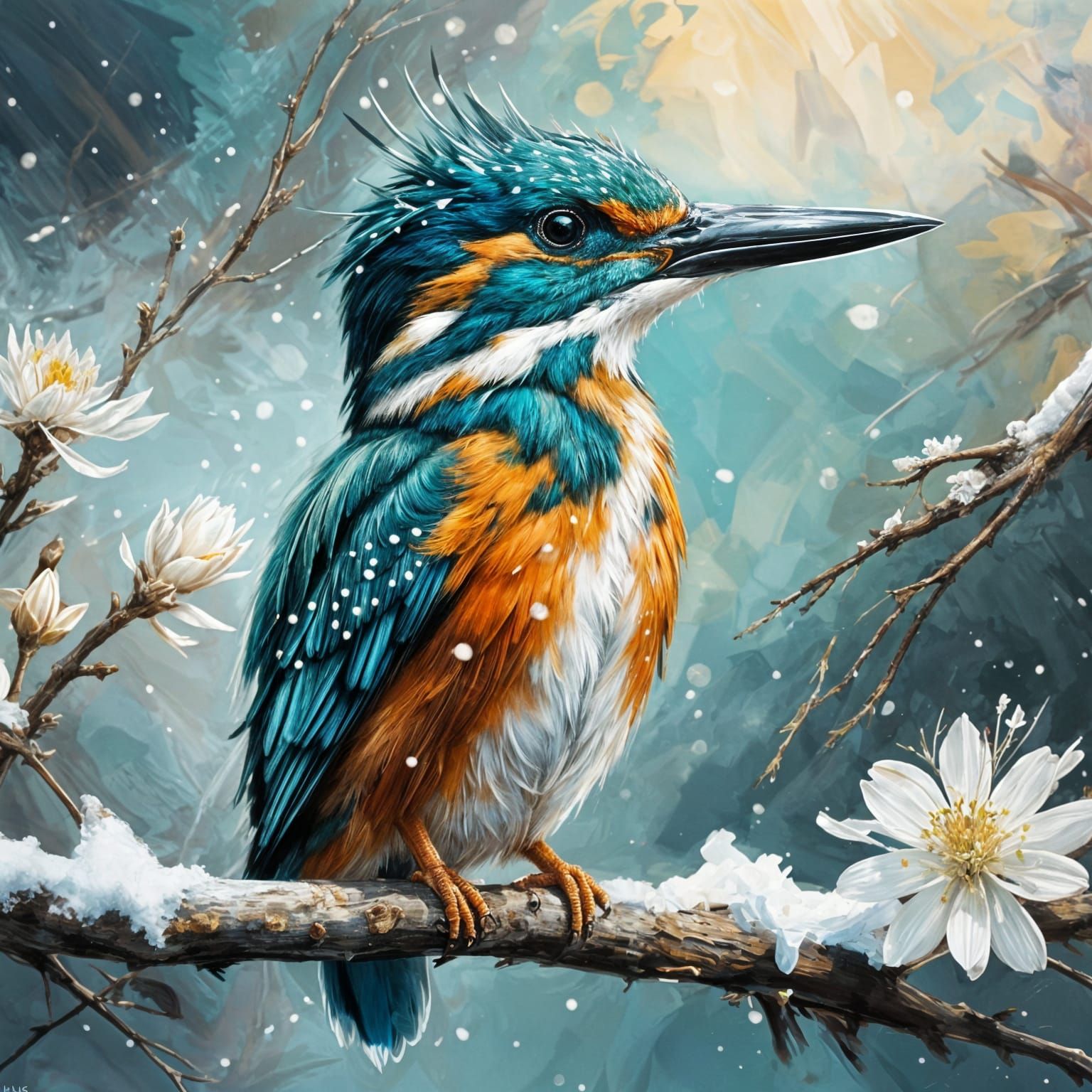 Kingfisher on Snowy Branch in Golden Hour Light