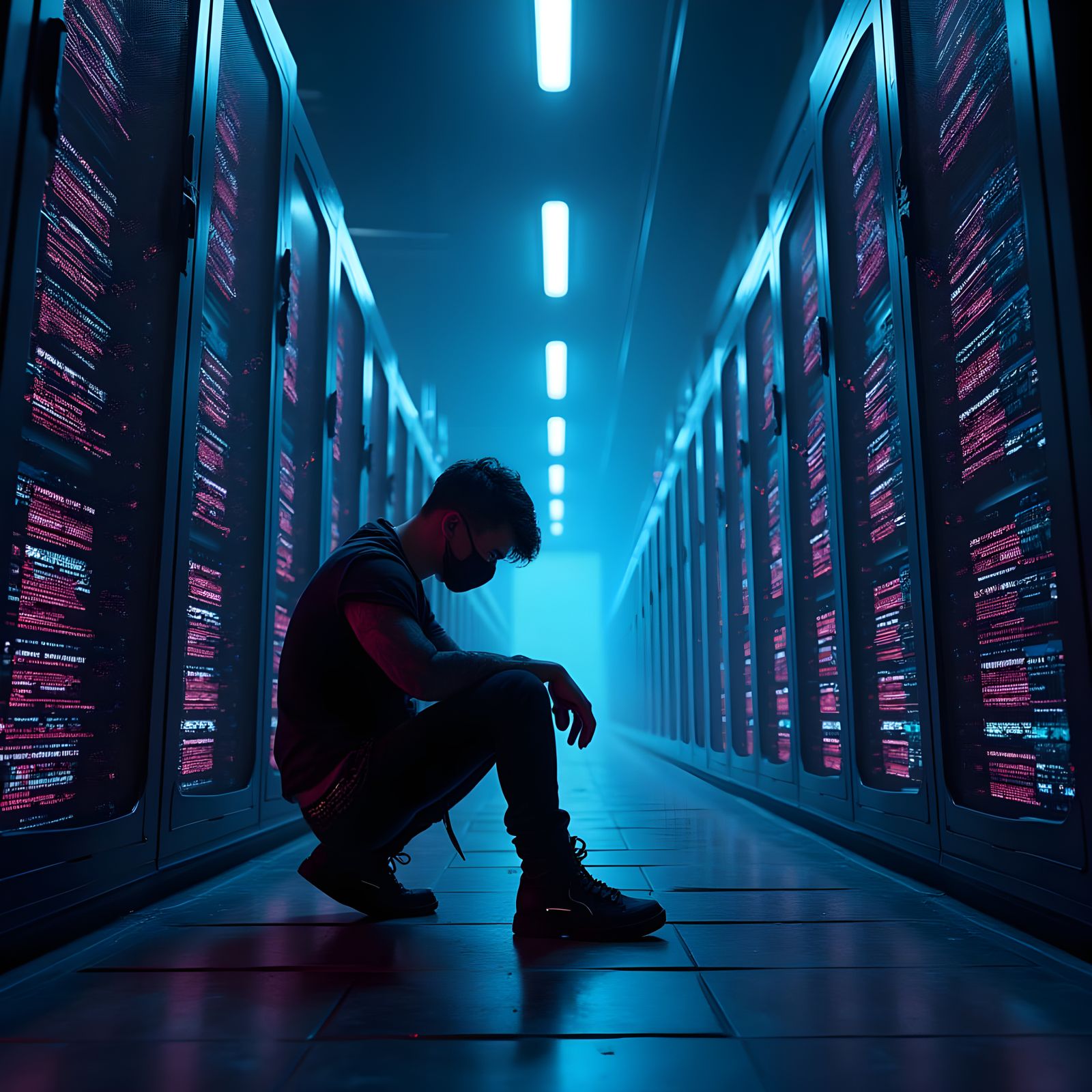 Hacker in Neon Lit Server Room, Cyberpunk Style