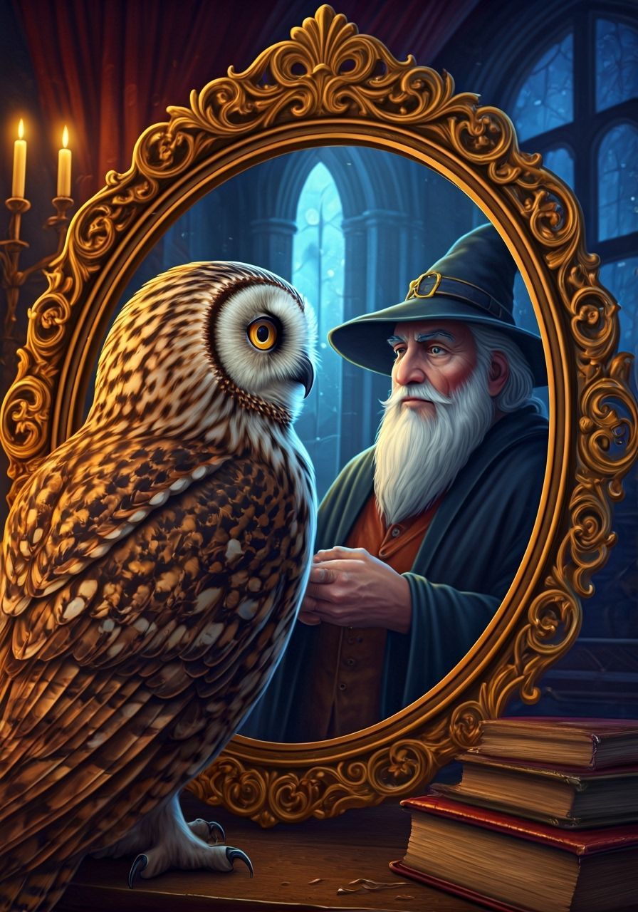 Owl's Reflection Becomes a Wizard in Castle Room