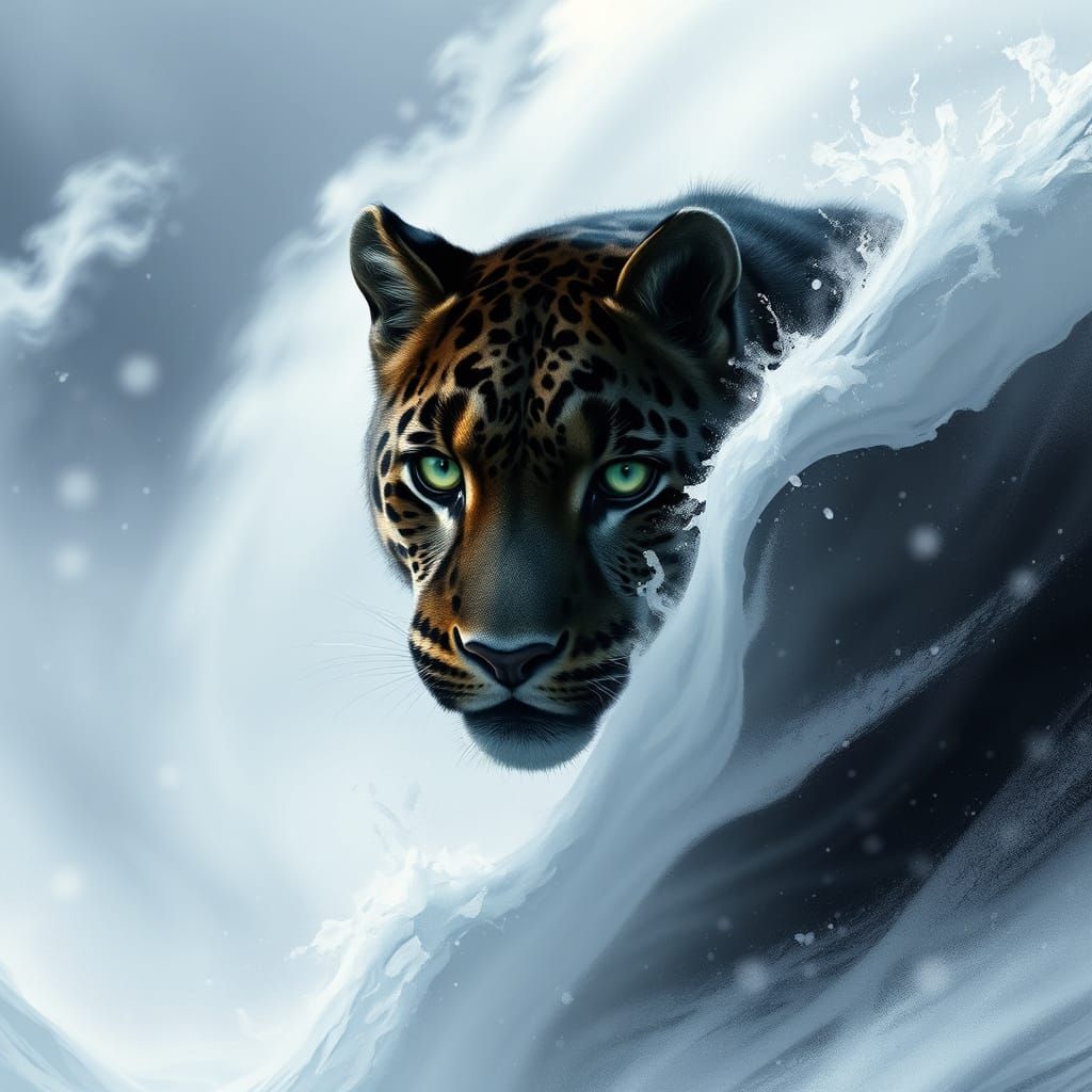 Black Snow Leopard Emerging from Mist, Detailed Rendering