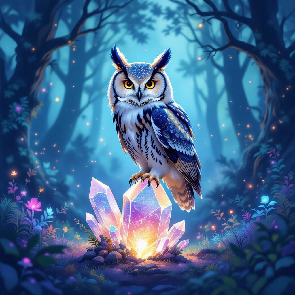 Cosmic Owl on Crystal in Ethereal Forest