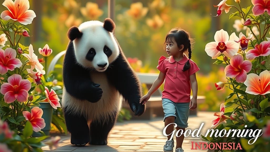 Girl and Panda in Whimsical Garden