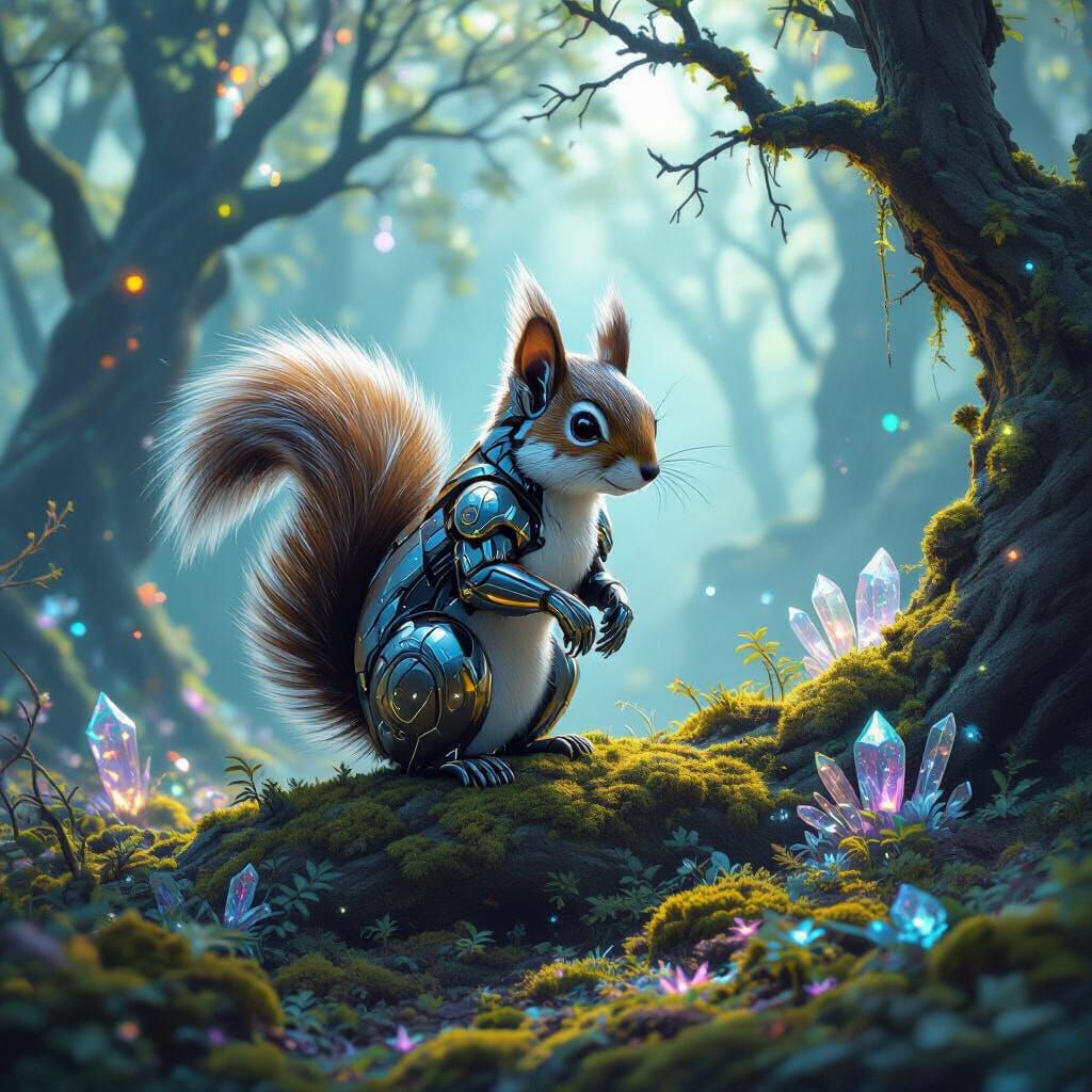 Robot Squirrel in Bioluminescent Fantasy Forest