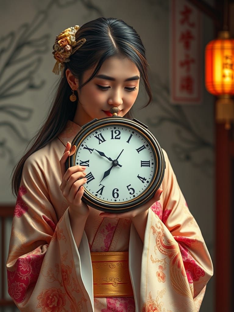 Asian Woman with Clock in Clockpunk Style