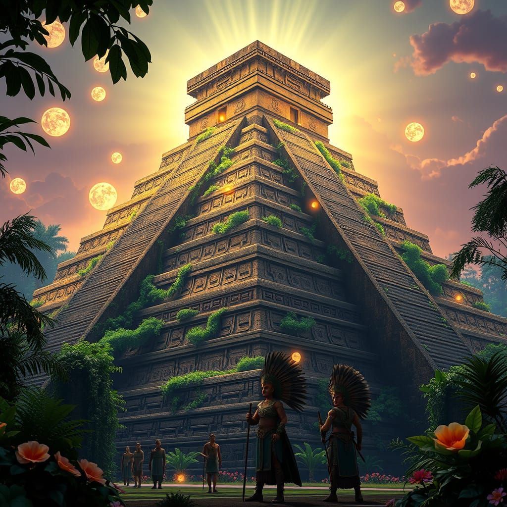 Aztec Pyramid in Emerald Vines and Radiant Light