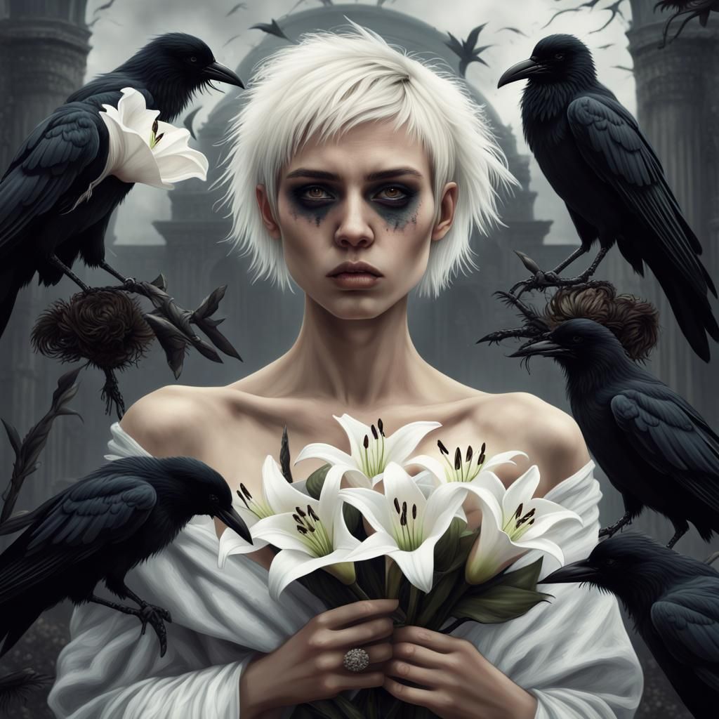 Punk Woman with Crows and Flowers: Digital Matte Painting