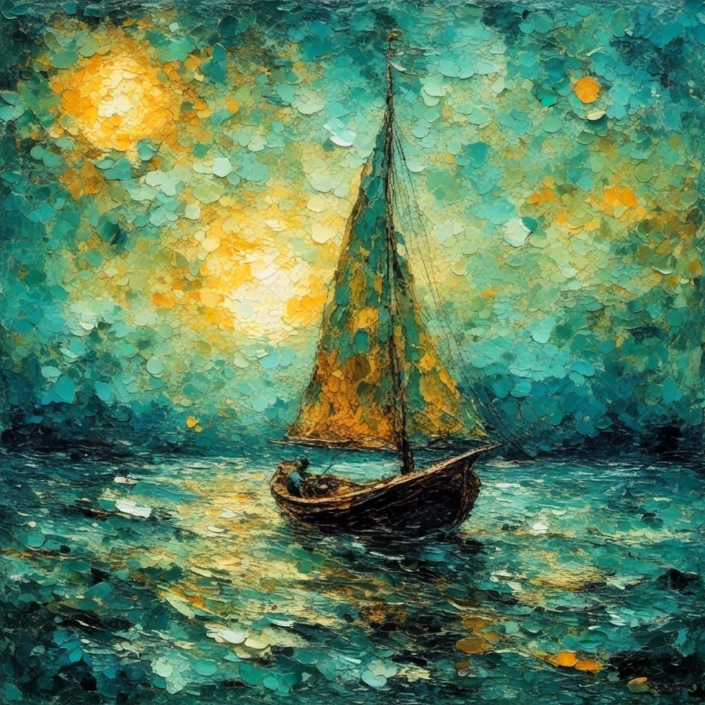 Ancient Sailboat Under Starry Sky in Impasto Style