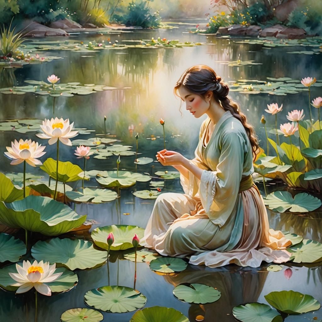 Woman with Lotus Flower in Watercolor Style