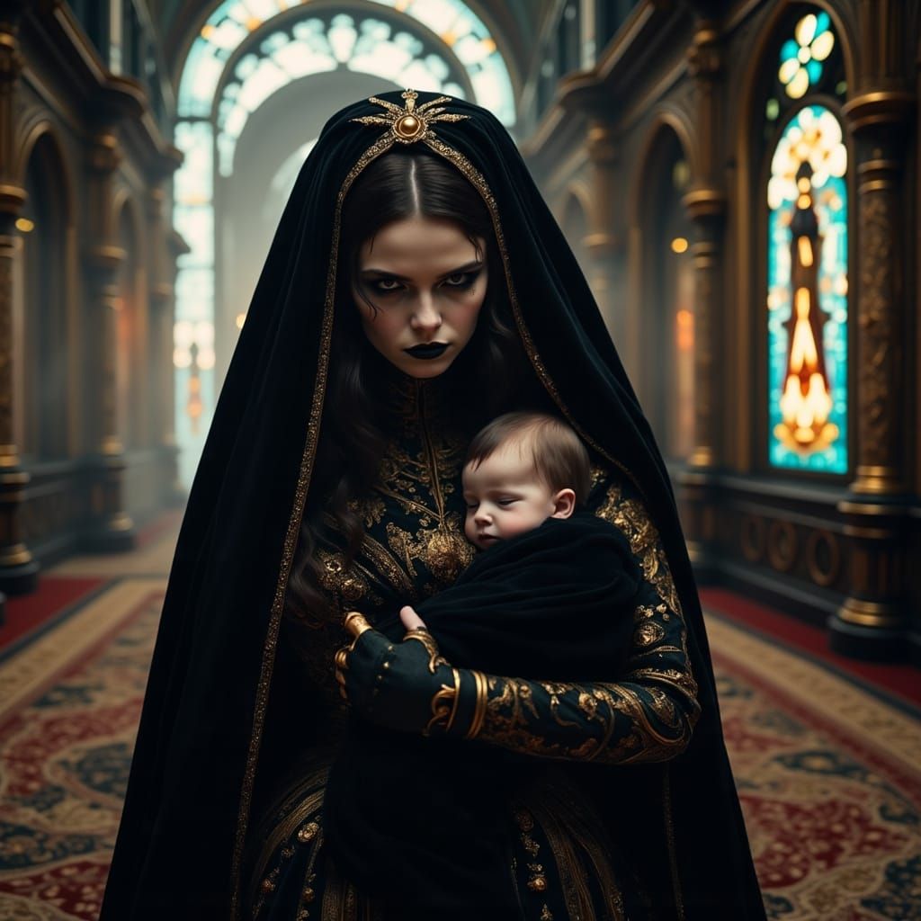 Gothic Tsaritsa in a Smoky Cathedral, Cradling a Newborn Chi...