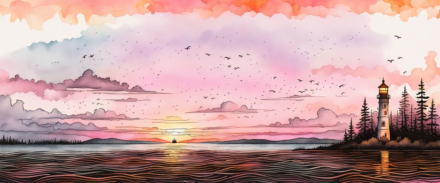 Sunsetpunk Lighthouse Panoramic Impressionist Sketch