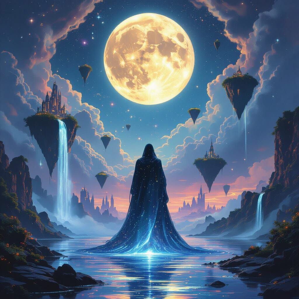 Surreal Dreamscape with Starlight Figure and Neon City