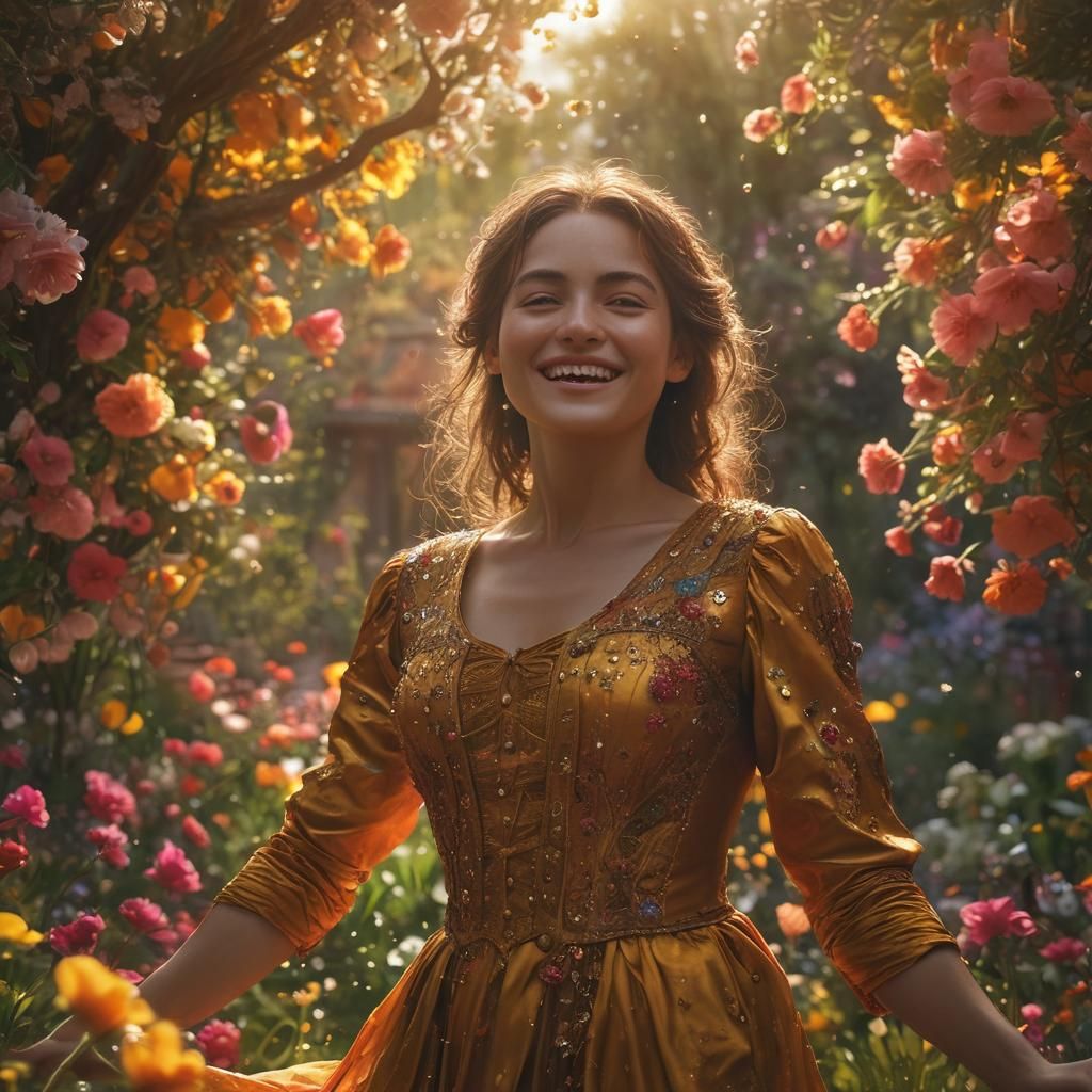 Joyful Person in Sunlit Garden: Digital Matte Painting