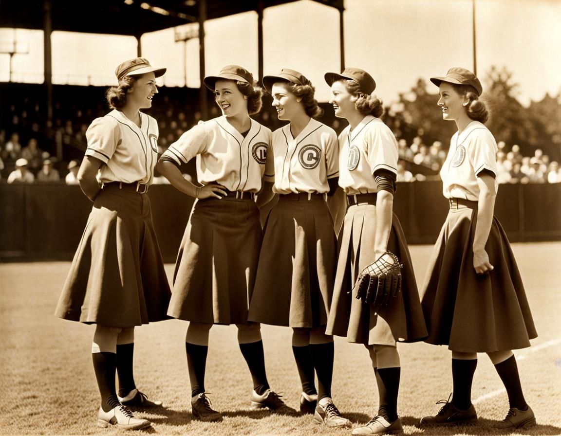 Vintage Sepia Photograph of Women's Baseball Game