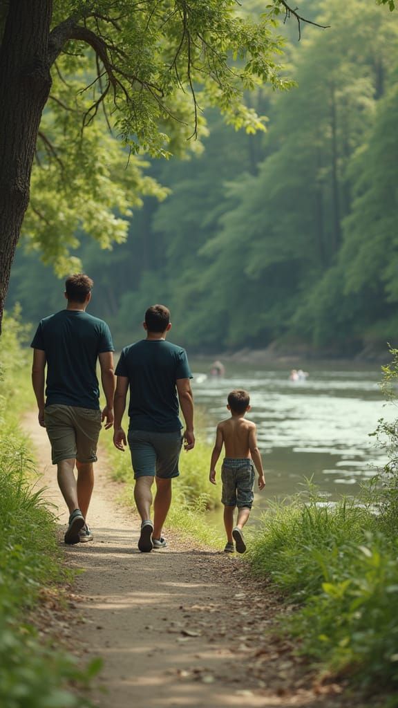 Two Men Notice a Boy in the Water, Set Against a Serene Natu...