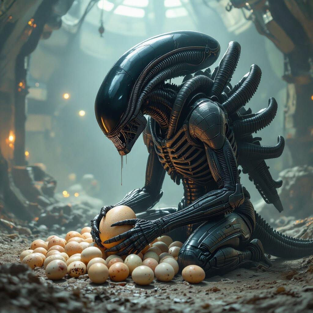 Xenomorph Queen Lays Eggs in Industrial Hive