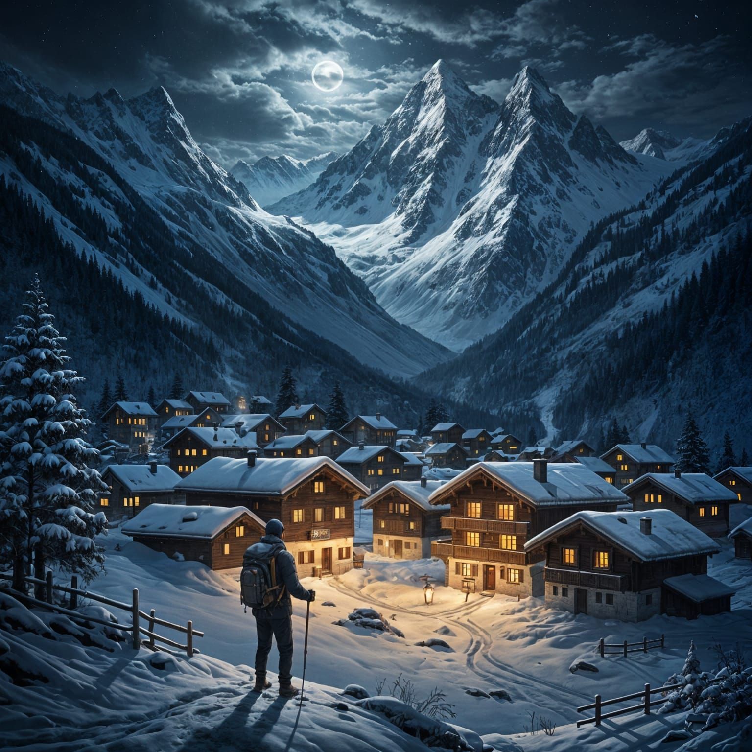Hiker Views Snowy Swiss Village Under Moonlit Alps in Oil Pa...