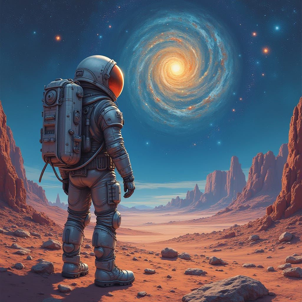 Astronaut Contemplates Nebula on Alien World