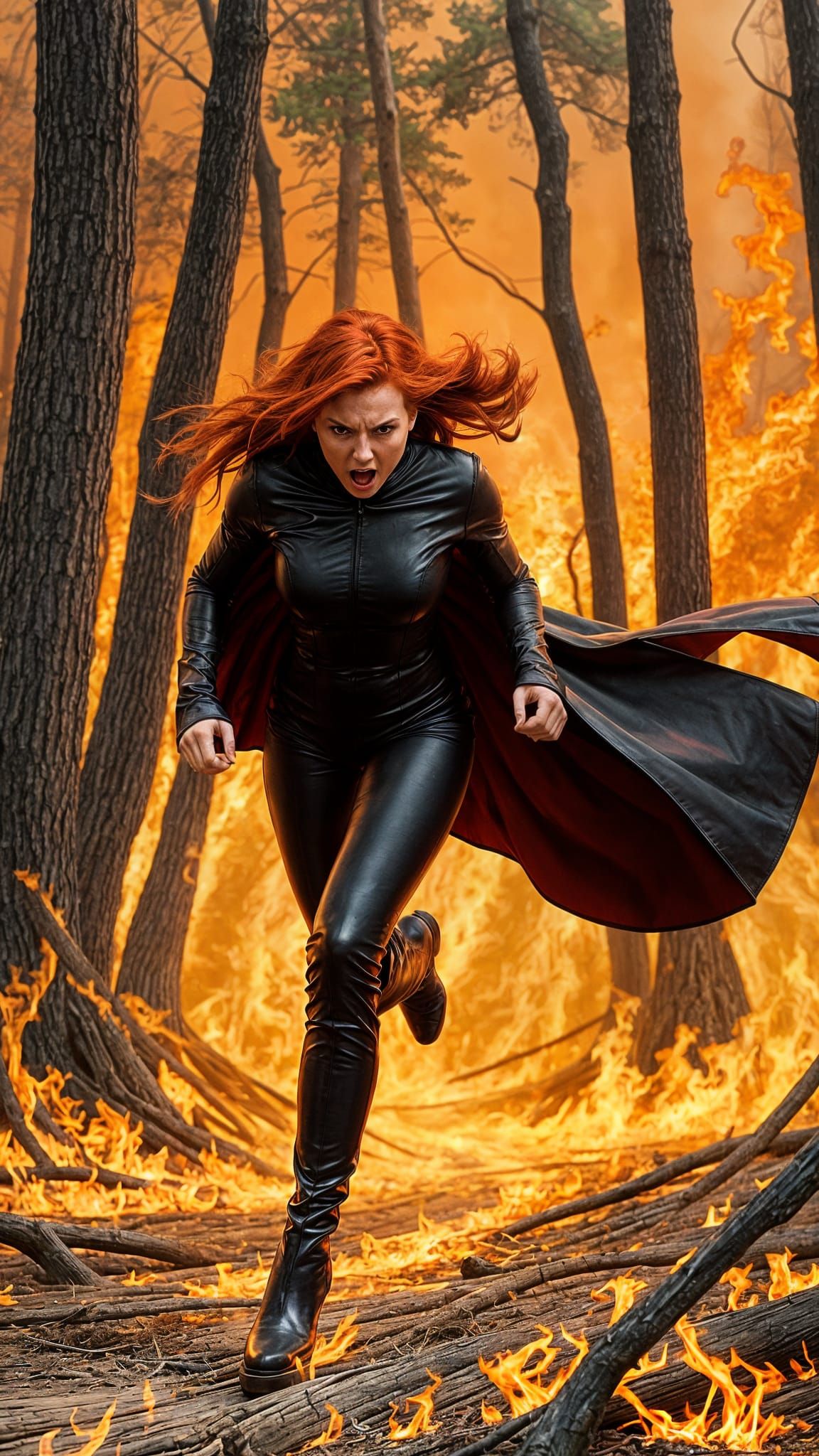 Woman in Fiery Red Hair and Black Catsuit Runs Through Infer...