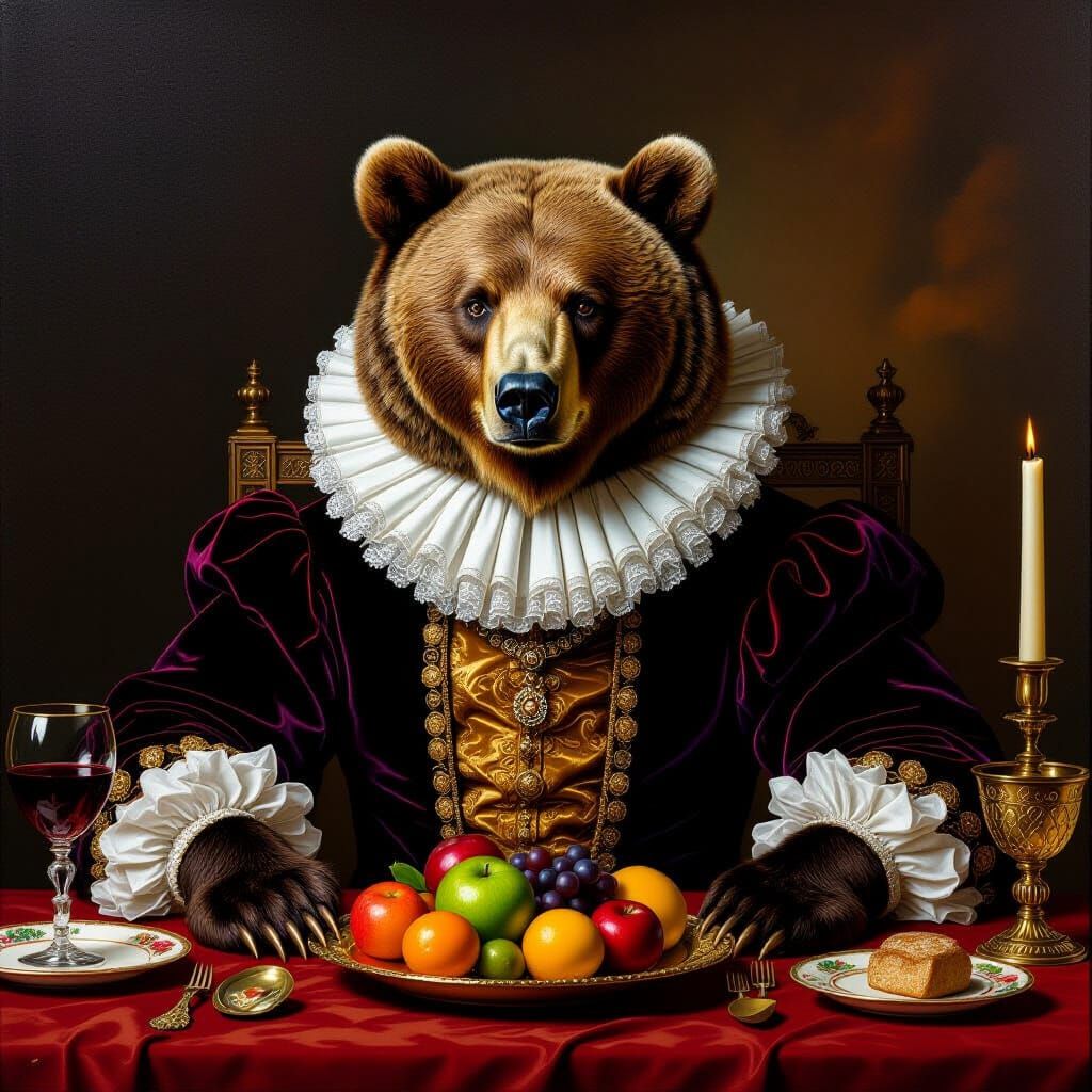 Noble Bear at Lavish Banquet, Oil Painting