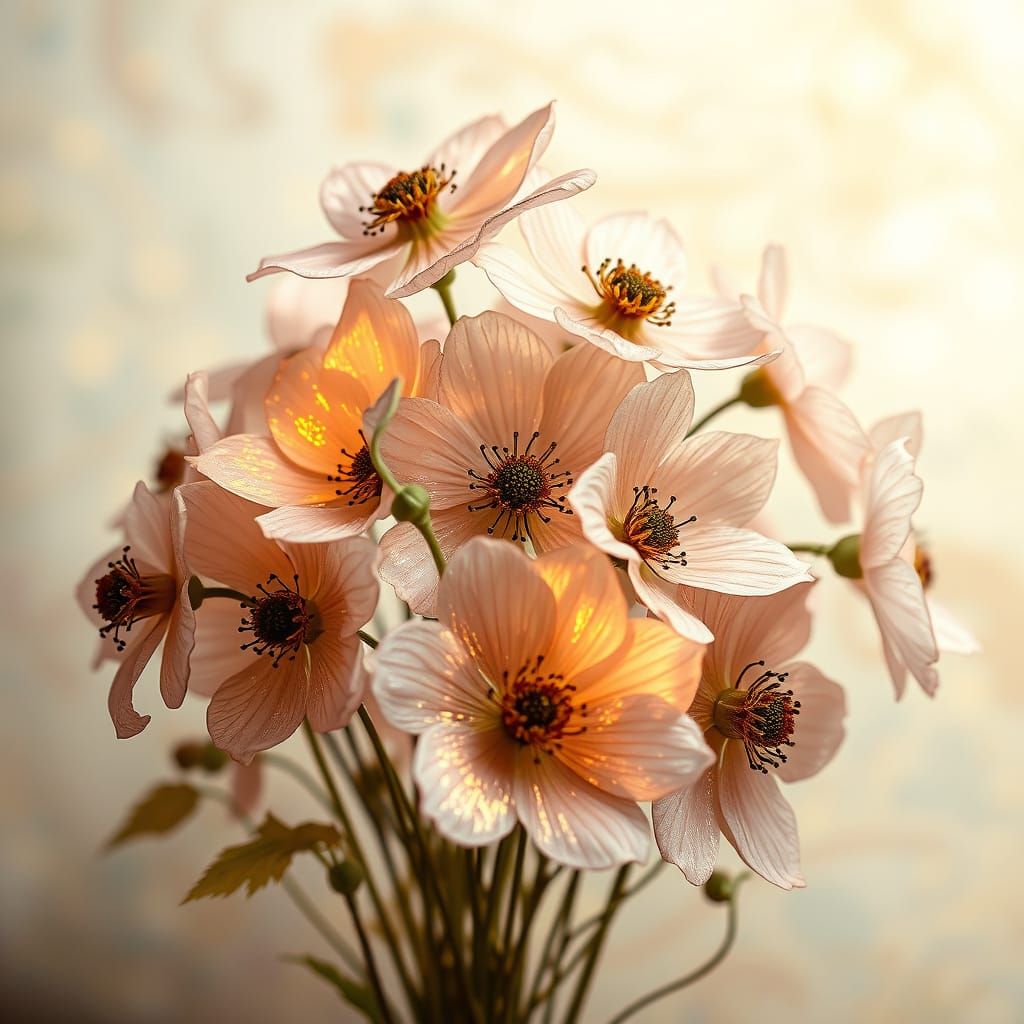 Whimsical Glass Flowers in a Dreamlike, Ethereal Setting