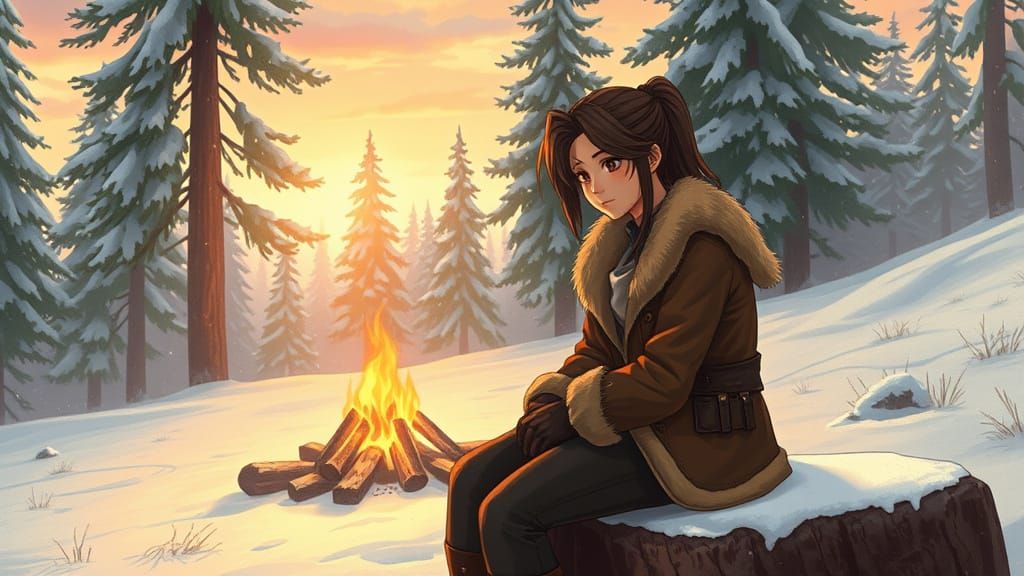 Tifa Lockhart Sits Beside a Flickering Campfire in a Winter ...