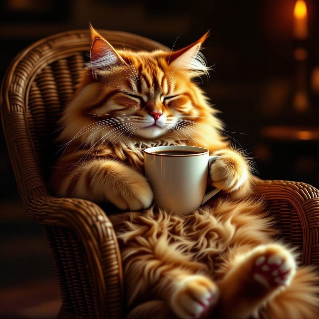 Sleepy Cat Enjoys Coffee in Wicker Chair