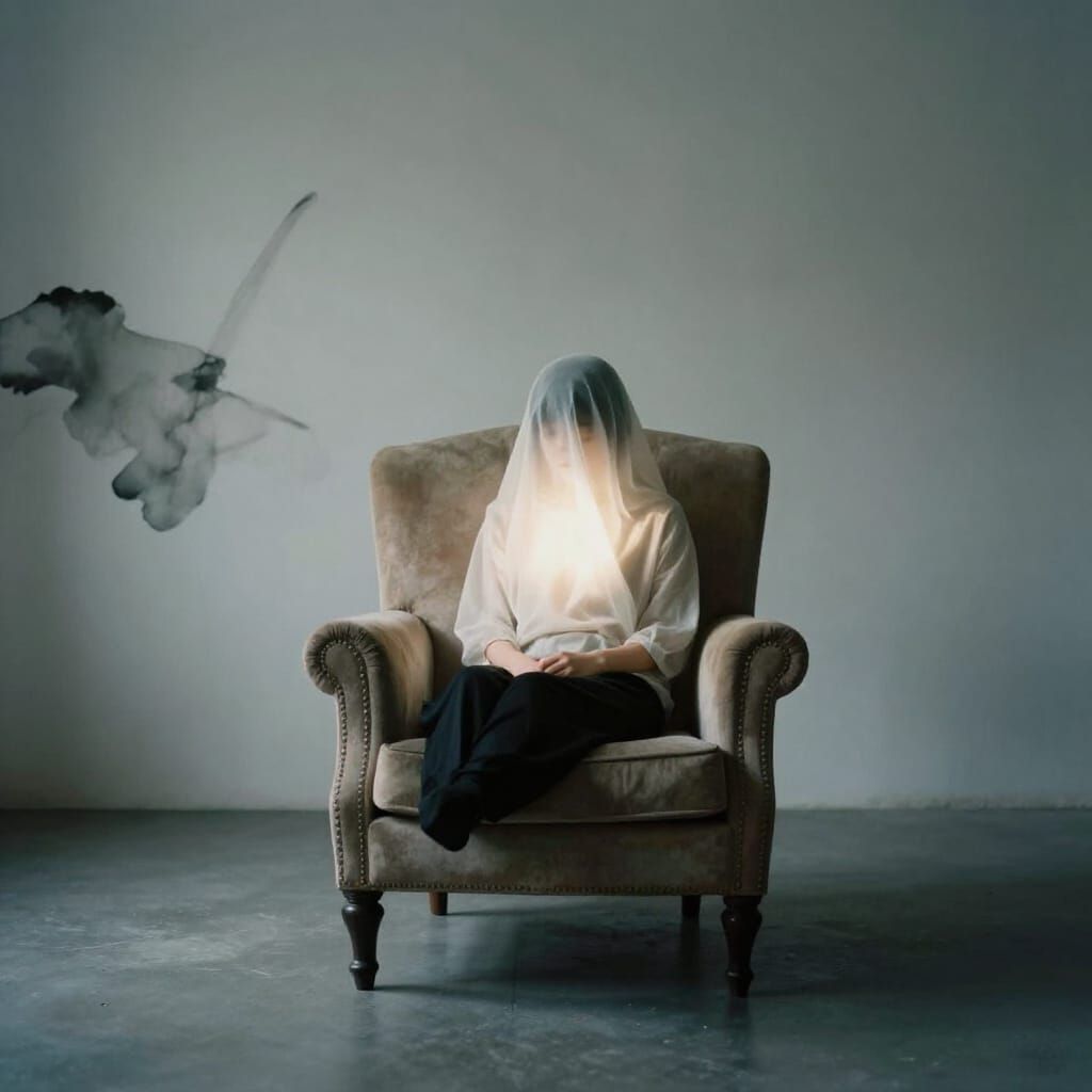Figure in Armchair, Ethereal Glow, Minimalist Room