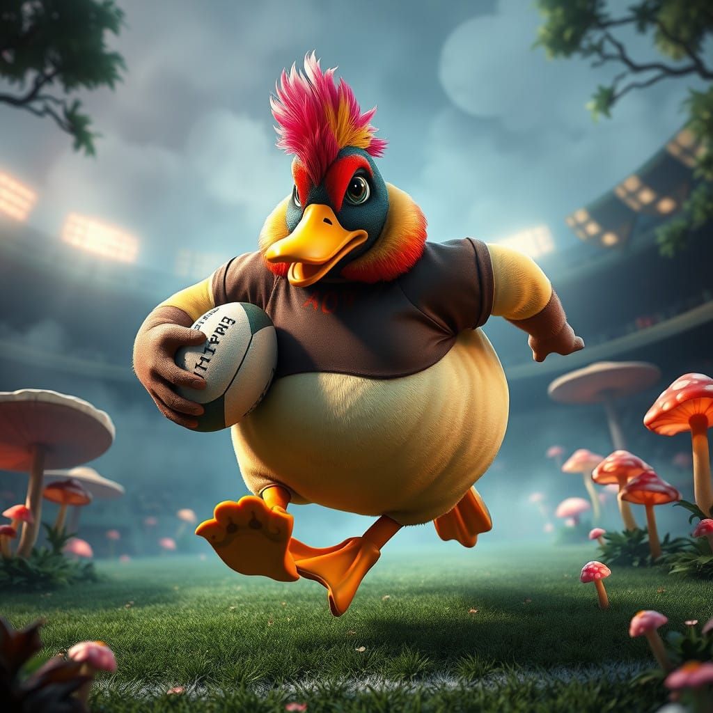 Whimsical Rugby Duck in Vibrant Fantasy Stadium