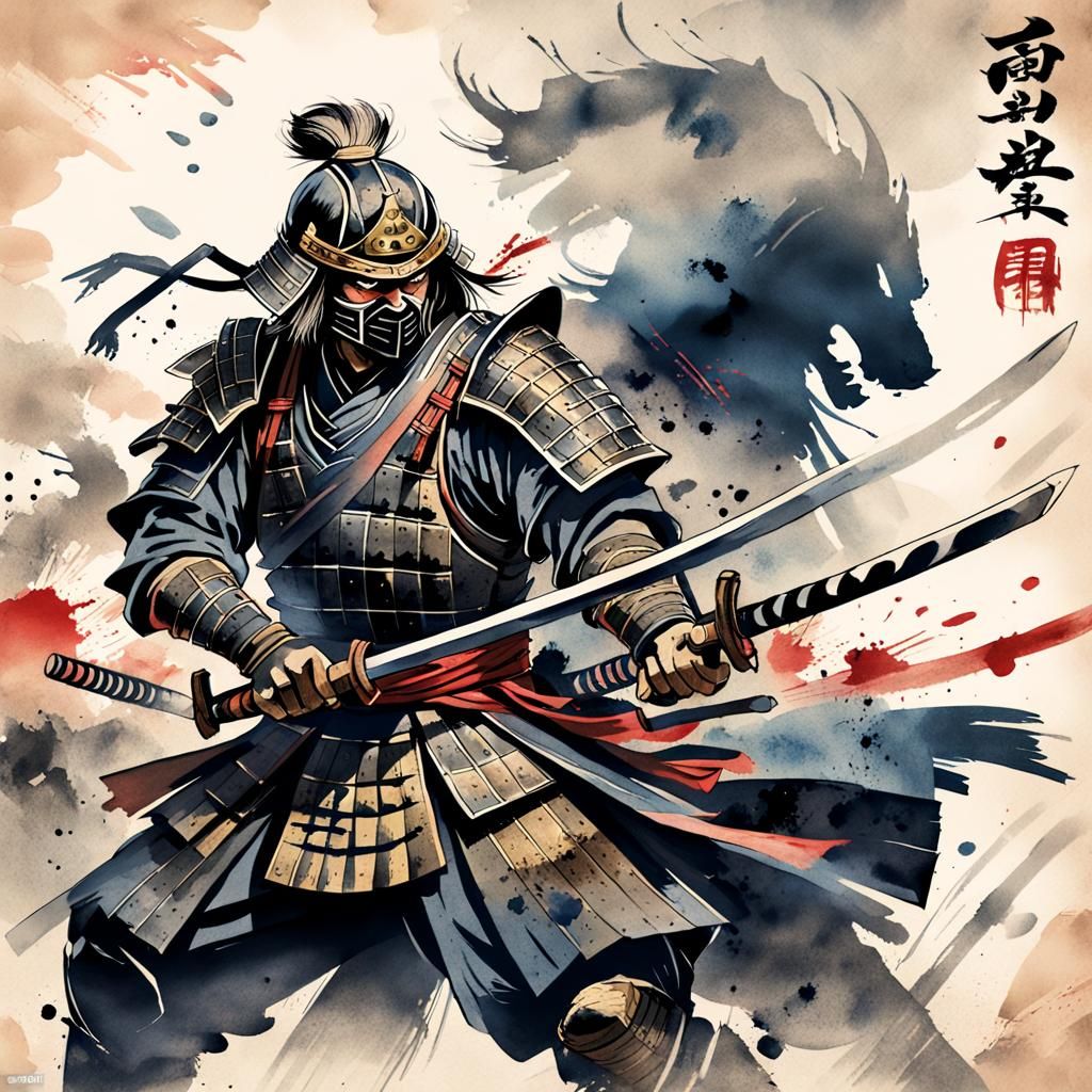 Samurai vs Ninja in Sumi-e Style