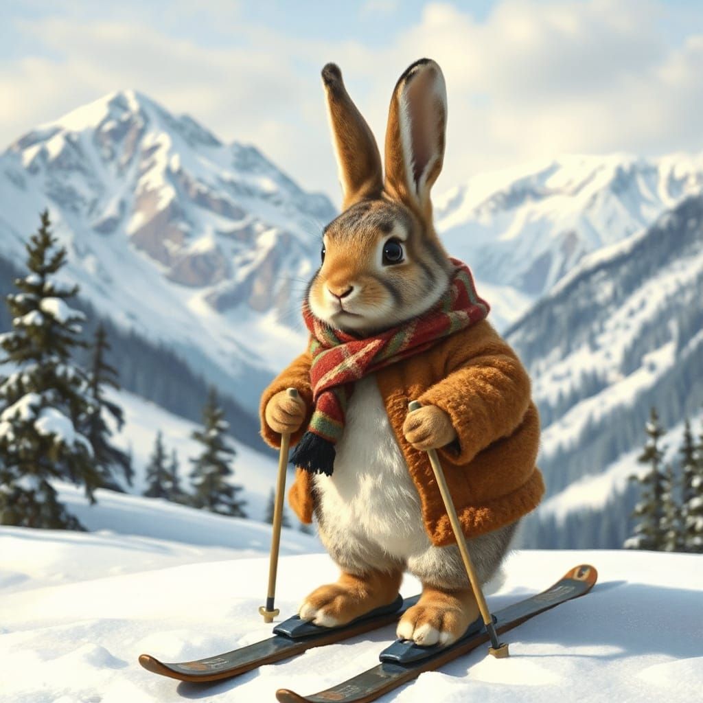 Bunny on Skis in Storybook Style