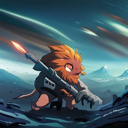 Cone-Headed Creature in Lava Landscape, Studio Ghibli Style