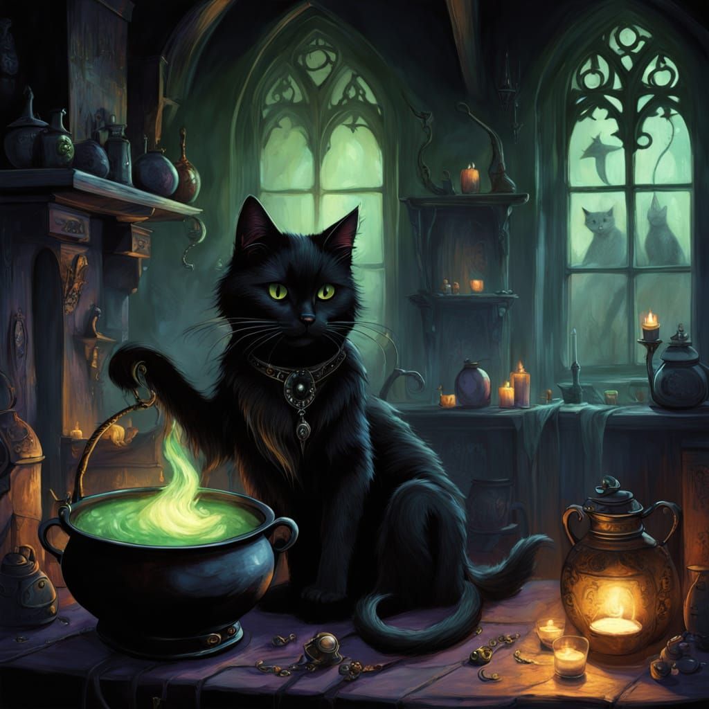 Mysterious Witch's Familiar Beside Bubbling Cauldron