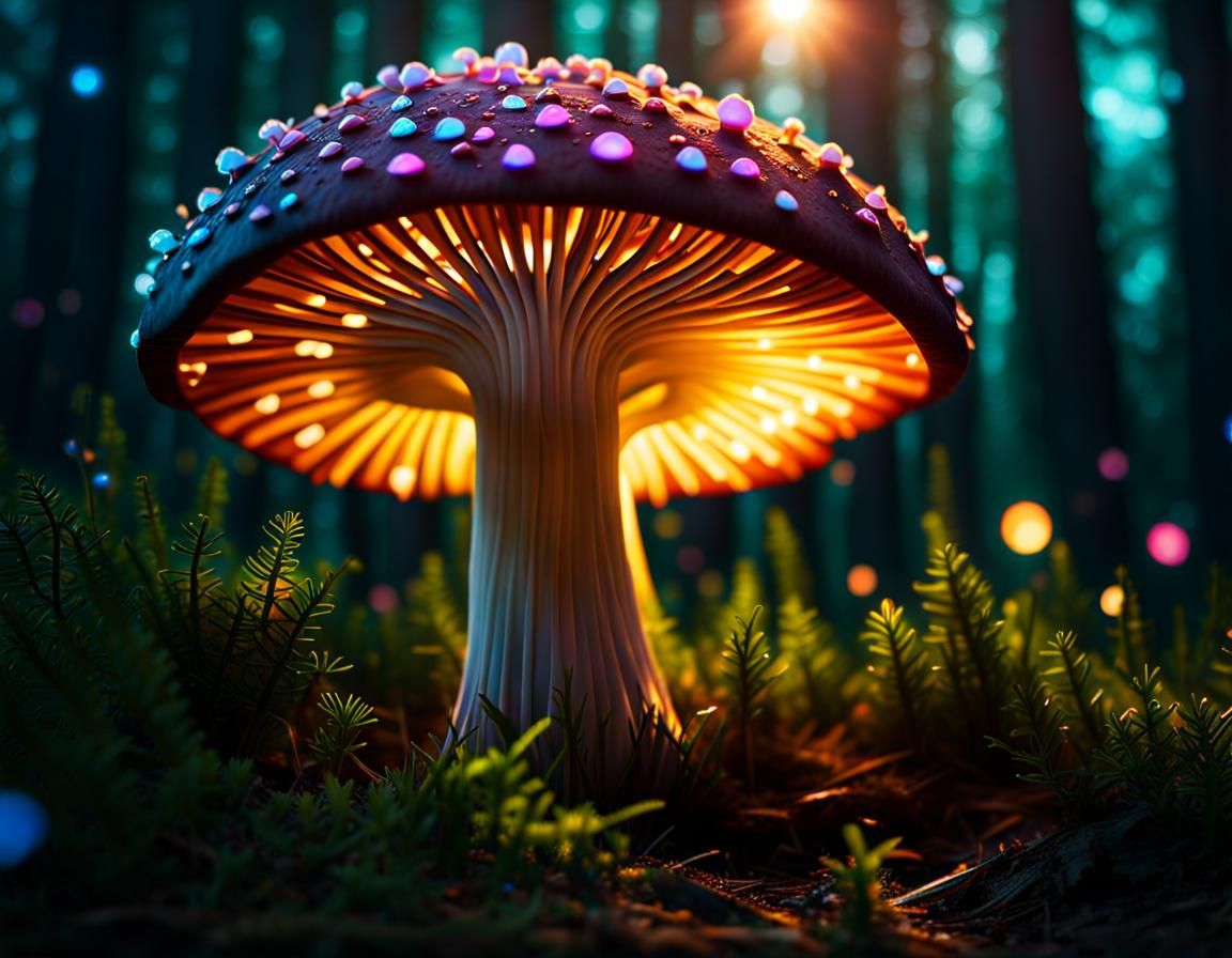 Iridescent Mushroom Spores in Gloomy Forest