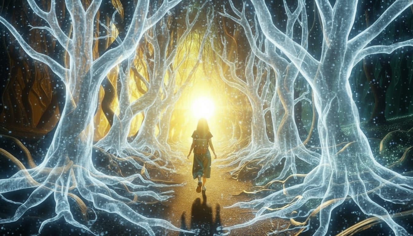 Woman Enters Golden Clearing from Mystical Forest