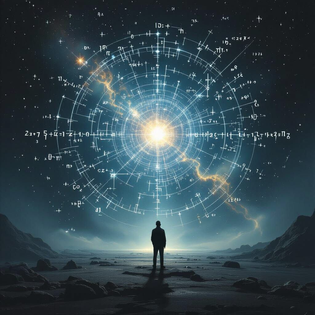 Cosmic Equation Solved By Lone Figure in Surreal Void