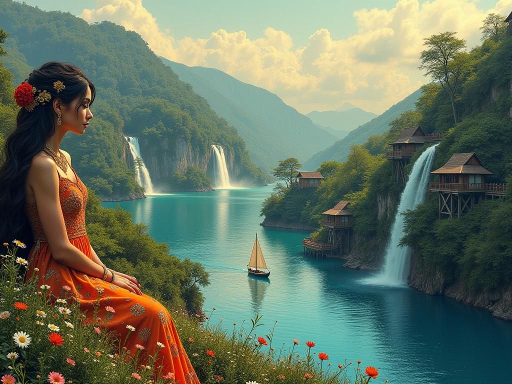 Dreamy Valley Scene in Art Brut Style