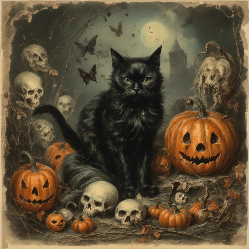 Victorian Halloween Scene with Pumpkins and Ghosts