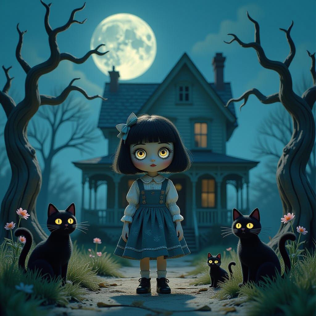 Whimsical Victorian Girl with Button Eyes