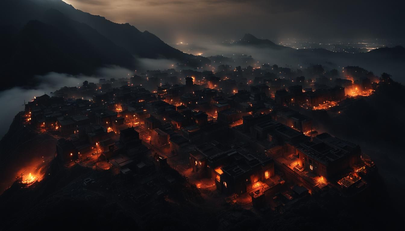 Eerie Demonic Town on Misty Island at Night