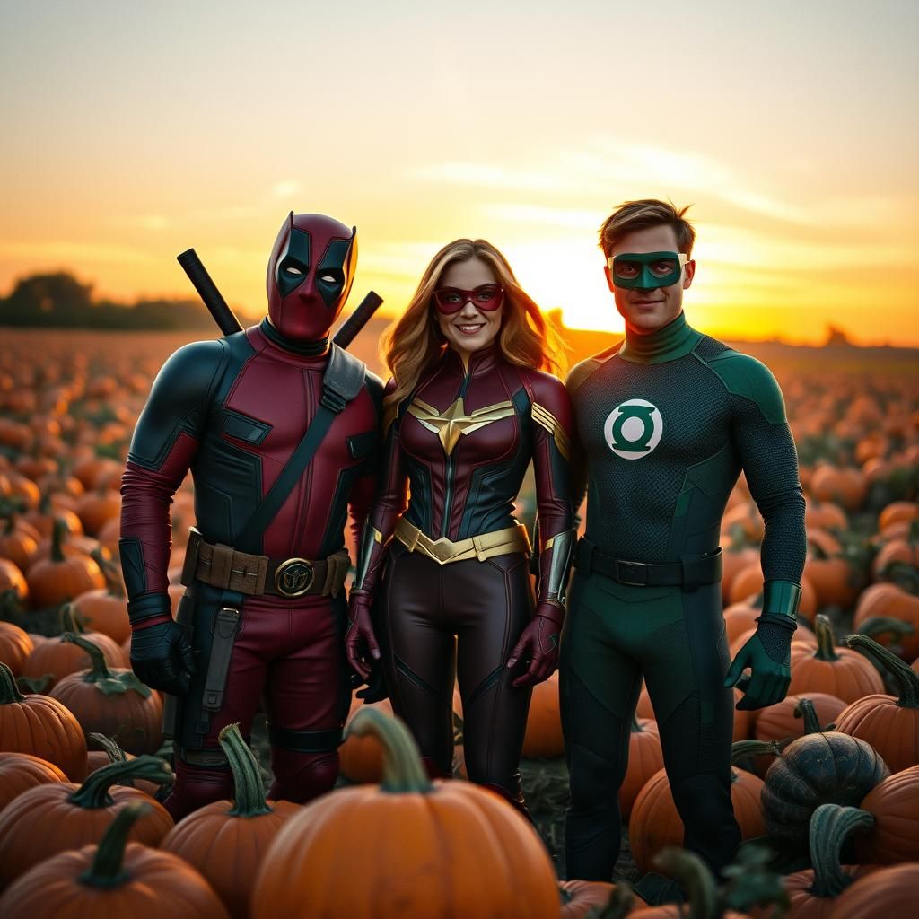 Superhero Friends in Pumpkin Patch at Sunset
