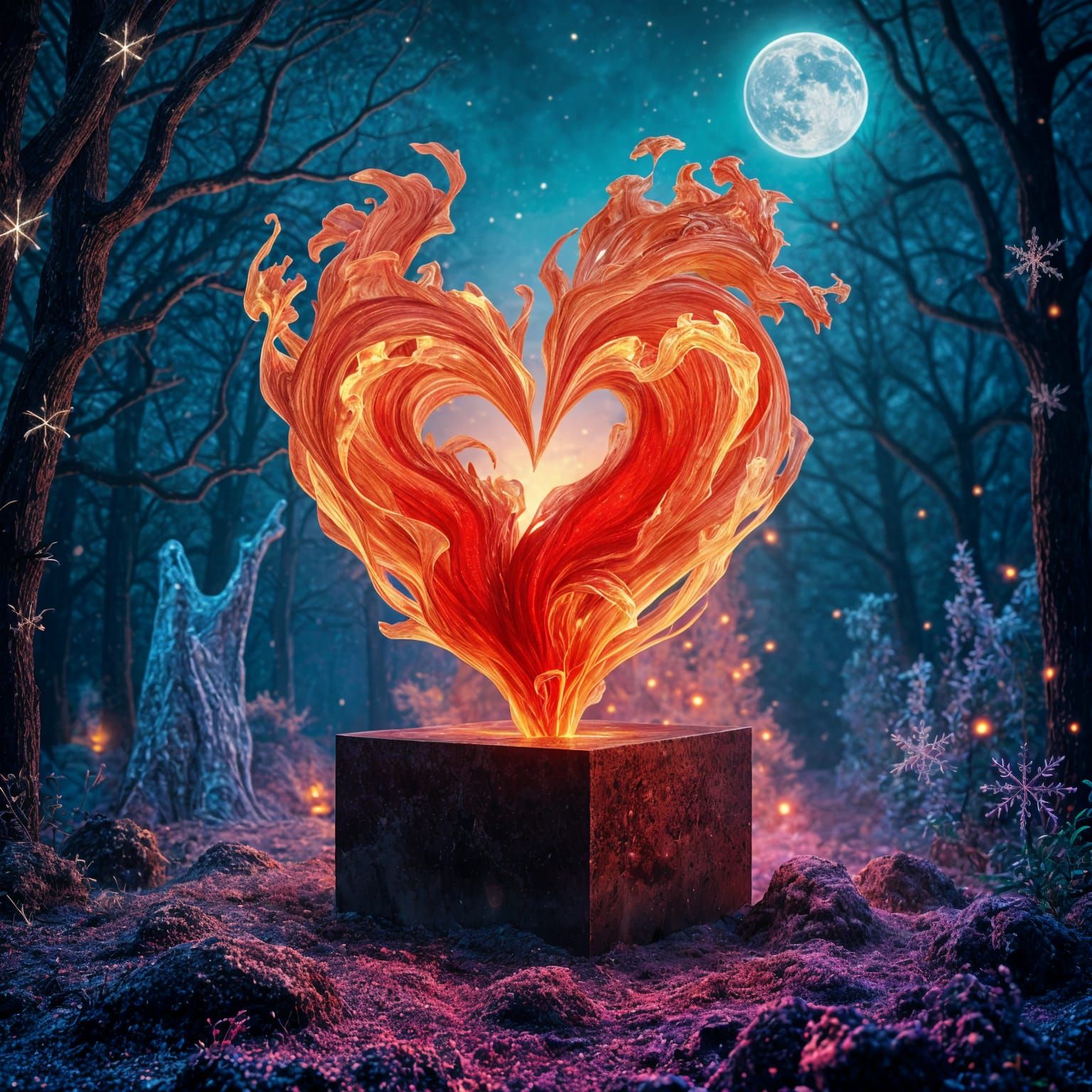 A hyper-realistic depiction of a glowing, flame-red heart shaped perfectly like '💖', emerging from an enchanted box as ...