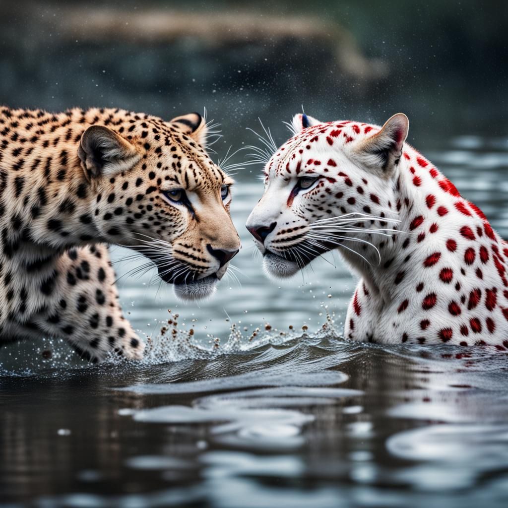 White and Red Leopards Play in Water