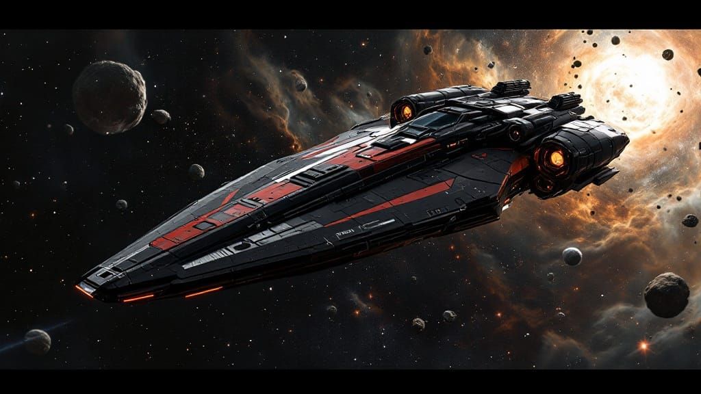 Streamlined Obsidian Spaceship Soars Through the Cosmos in C...