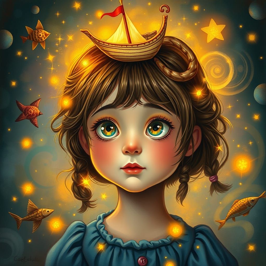 Whimsical Dreamgirl with Firefly Halo and Paper Boat Hair